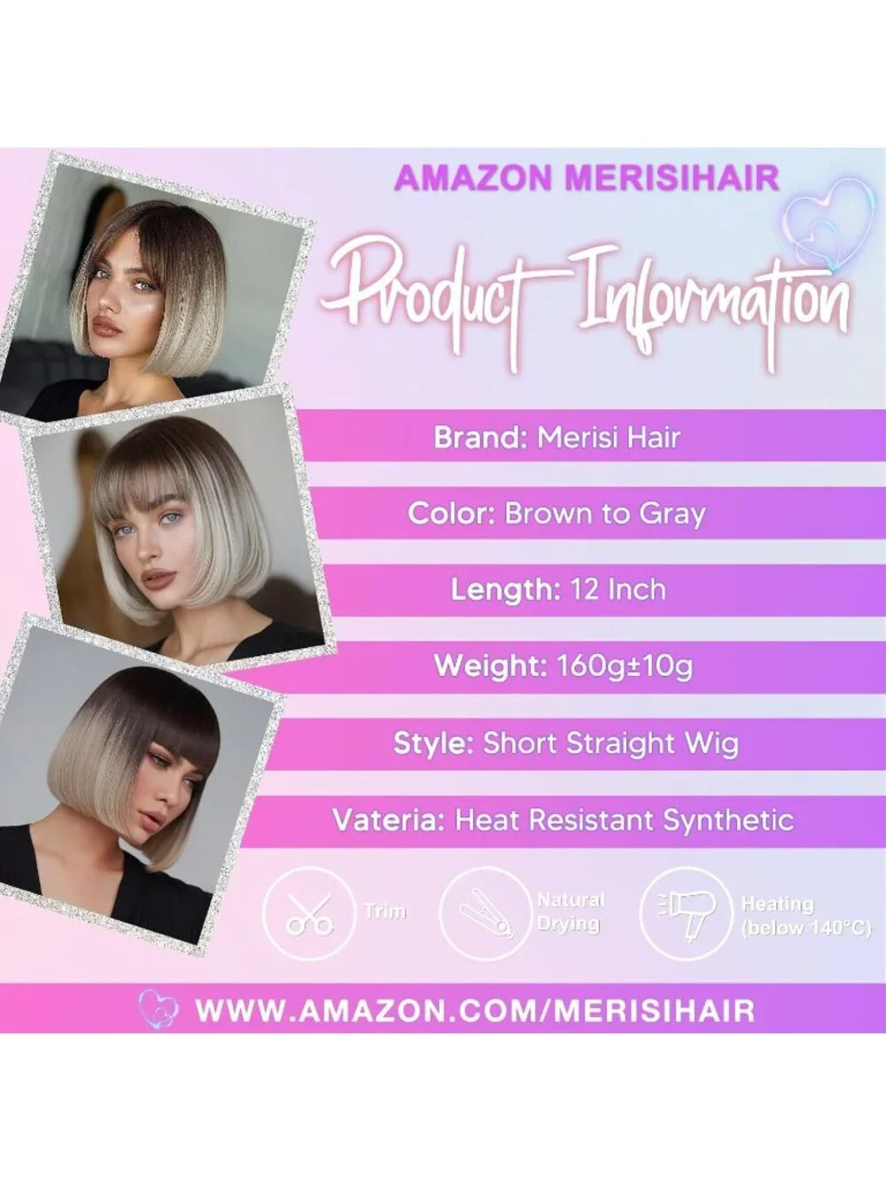 Women's Brown White 11 Inch Heat Resistant Synthetic Short Straight Wigs Bangs